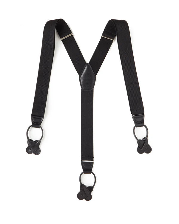 Black button end suspenders built for durability and classic style.