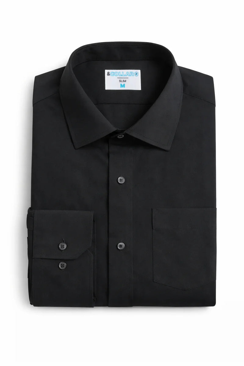 This Men's Stretch Black Dress Shirt is your ultimate, long sleeve, go-to solid black shirt. Restaurants. Hotels. Black tie events (with a black shirt?).
