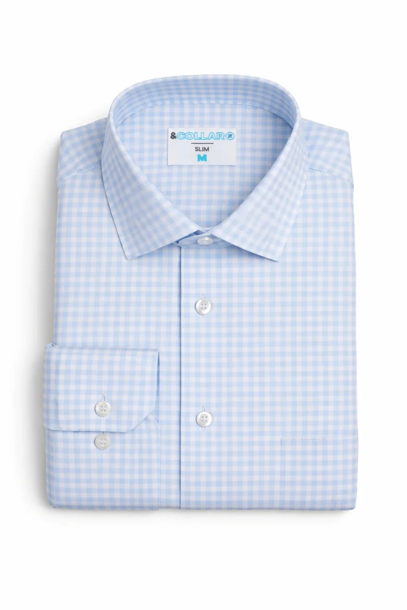 The Men's Stretch Blue & White Gingham Dress Shirt is perfect for big work meetings or weddings when you want something a little more than a solid shirt.