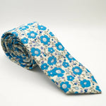 Blue Meadow Floral Patterned Neck Tie with blue and grey floral pattern on cream background, formalwear accessory