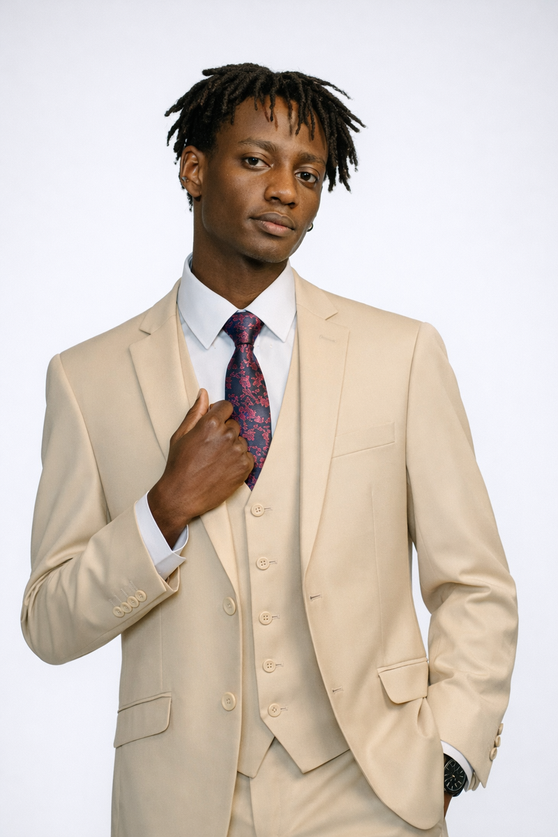 This Men's Cream Slim Fit Suit features a modern notch lapel and a sharp, five-button vest designed to command the room at any formal event. 