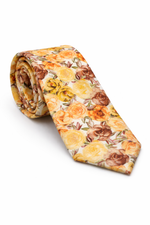 White Cotton Yellow Belle Neck Tie with passionate Yellow, Orange, and Brown Roses. Especially lovely with Blues or Grey suits!