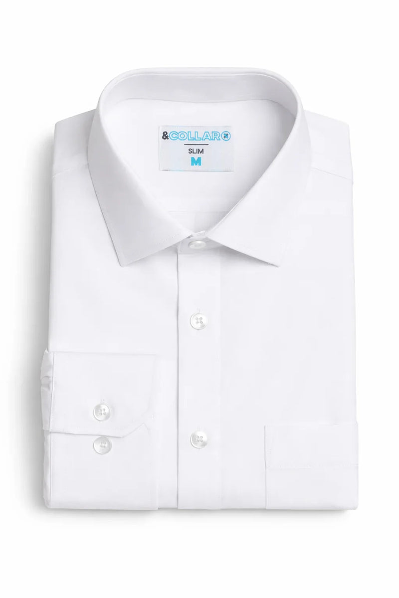 The Men's Stretch White Dress Shirt Folded white dress shirt with slim fit and spread collar, perfect for formal occasions and weddings