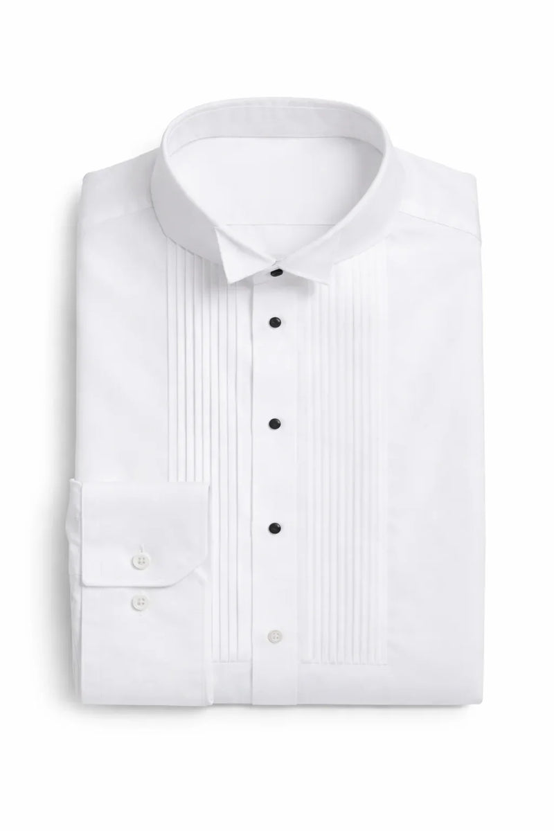 Classic, pleated, and high class, this men's white tuxedo shirt will provide an elevated look for weddings, prom, and black tie events. 