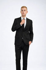 Man in Men's Black Slim Fit 2 Piece Suit with white dress shirt and black tie on plain background