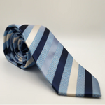 Dapper Dan Striped Patterned Neck Tie is a Blue and silver striped necktie for formalwear, rolled on a plain background