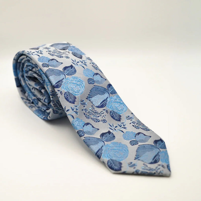 Ice Rose Floral Patterned Neck Tie is a Light gray necktie with blue rose floral pattern, formal floral tie for weddings or proms