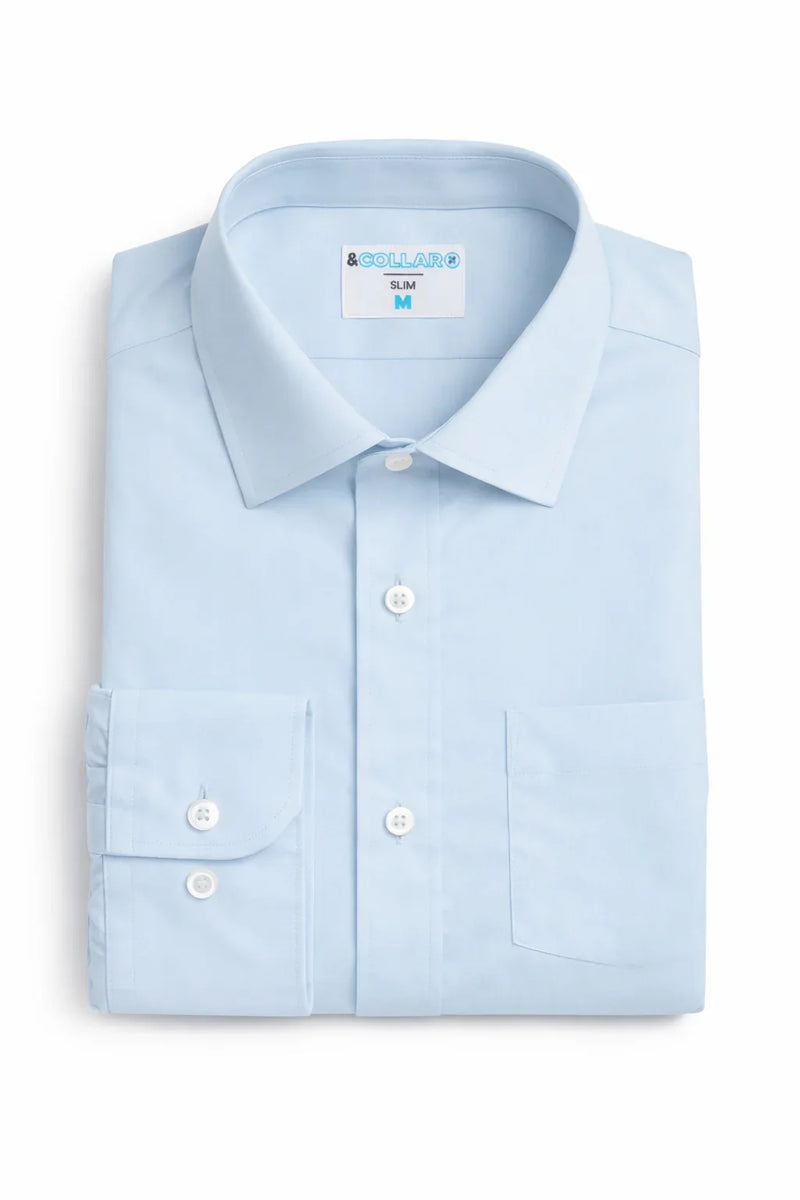 It's not too blue, it's not too white, it's juuuuust right. The men's stretch light blue dress shirt long sleeve that can dress up or down