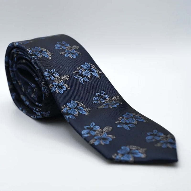 Navy Blue Elegance Floral Neck Tie with blue and gray flower pattern, formal accessory for suits