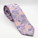Pink Rose Satin Floral Neck Tie with purple and yellow rose designs, formalwear accessory