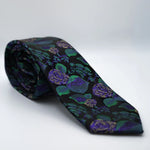 Black Purple Rose Floral Neck Tie with floral embroidery, rolled on white background