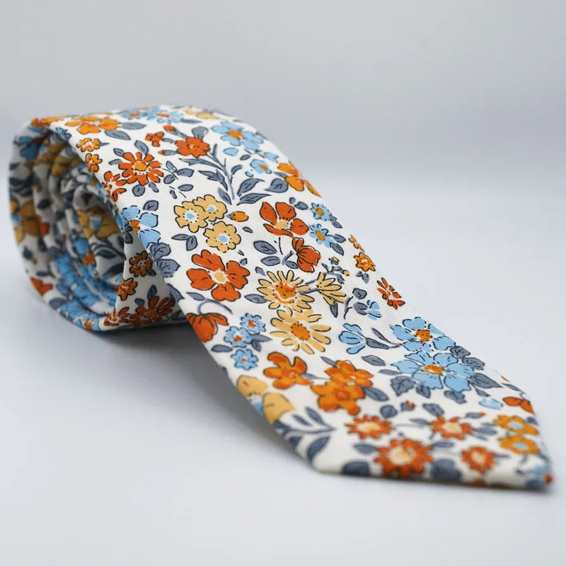 Sunset Bouquet Flower Neck Tie with orange, yellow, and blue flowers on a white background, wedding accessory