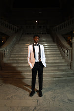 Men's White Slim Fit Tuxedo Jacket & Black Pants. Men's black shawl collar white tuxedo jacket and black slim fit suit pant with performance stretch, delivering comfort and mobility without sacrificing form. The included dress shirt provides everything needed for polished, head-to-toe sophistication at any event.