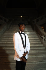 Men's White Slim Fit Tuxedo Jacket & Black Pants. Men's black shawl collar white tuxedo jacket and black slim fit suit pant with performance stretch, delivering comfort and mobility without sacrificing form. The included dress shirt provides everything needed for polished, head-to-toe sophistication at any event.